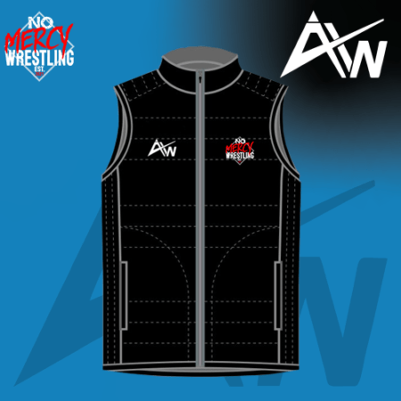 Black Gilet with No Mercy Wrestling Logo on right side, and ActivWear logo on left side on teal and black gradient background