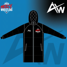 Black No Mercy Wrestling Long Coat with ActivWear logo on left and No Mercy Wrestling logo on right on teal and black gradient background