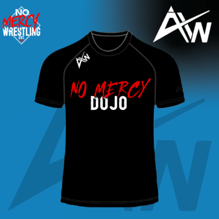 Black No Mercy Wrestling Tshirt with ActivWear logo on shoulder and No Mercy Wrestling logo across front. Image has teal and black gradient background